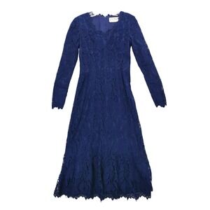 vtg Blue Lace Dress Sz XS/S Posh‎ by Jay Anderson Long Sleeve V Neck